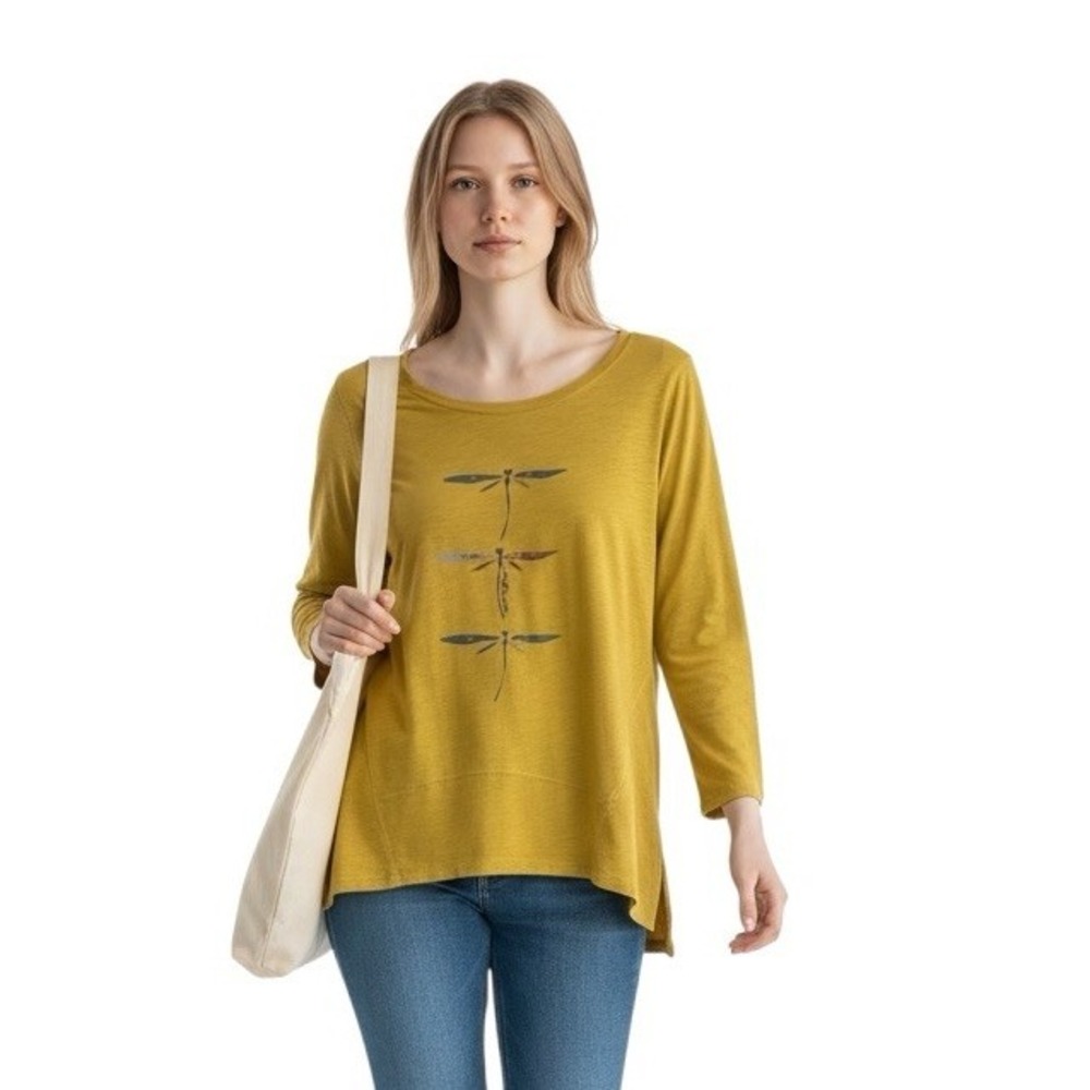 Habitat Escape Slub Knit Tunic Tee Dragonfly Print Mustard Gold Long Sleeve S